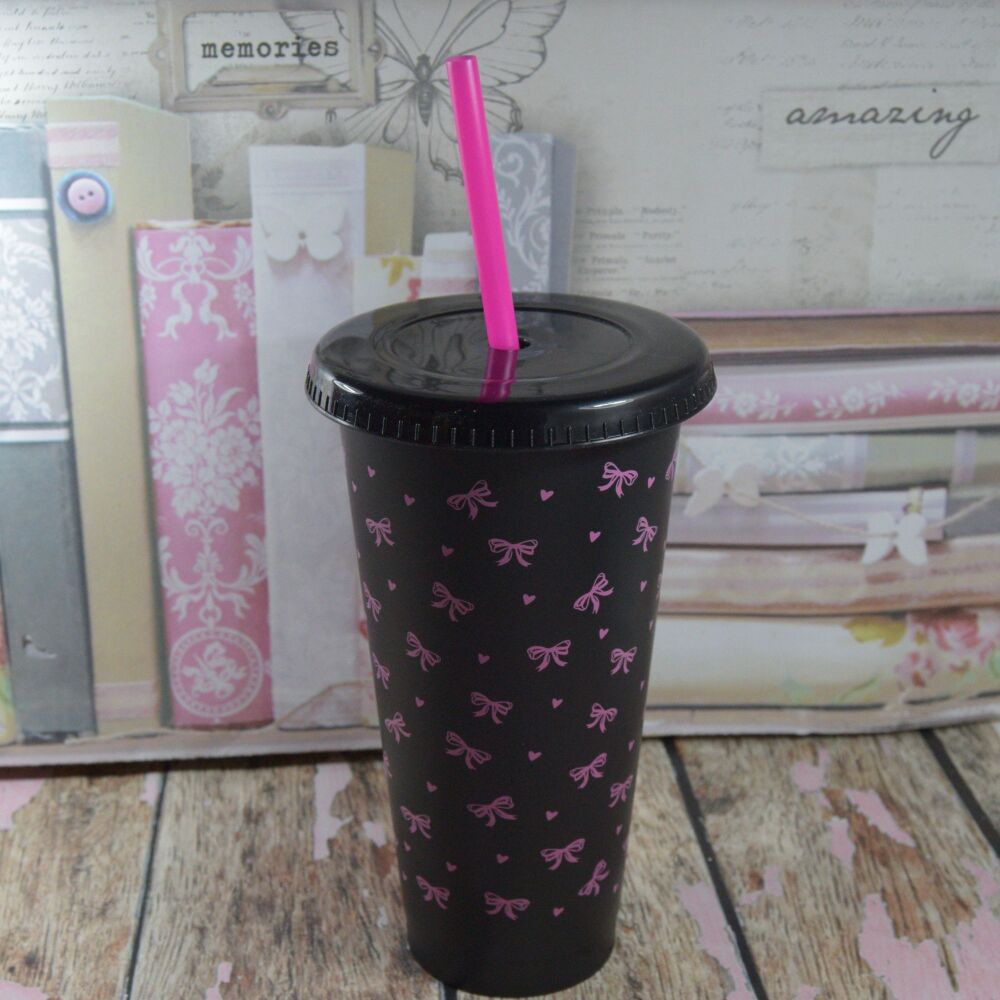 24oz Plastic cup with lid and straw - Black with Pink Bows