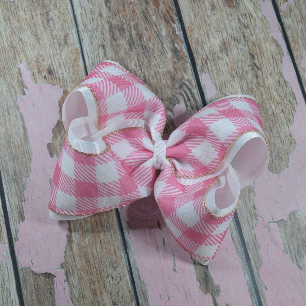 6" Double Layered Boutique Bow - Pink Check