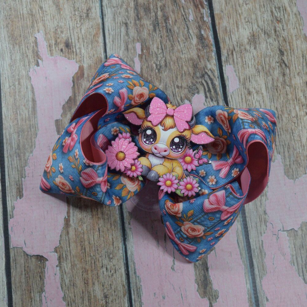 6" Extra Boutique Bow - Highland Cow in Pink Bow