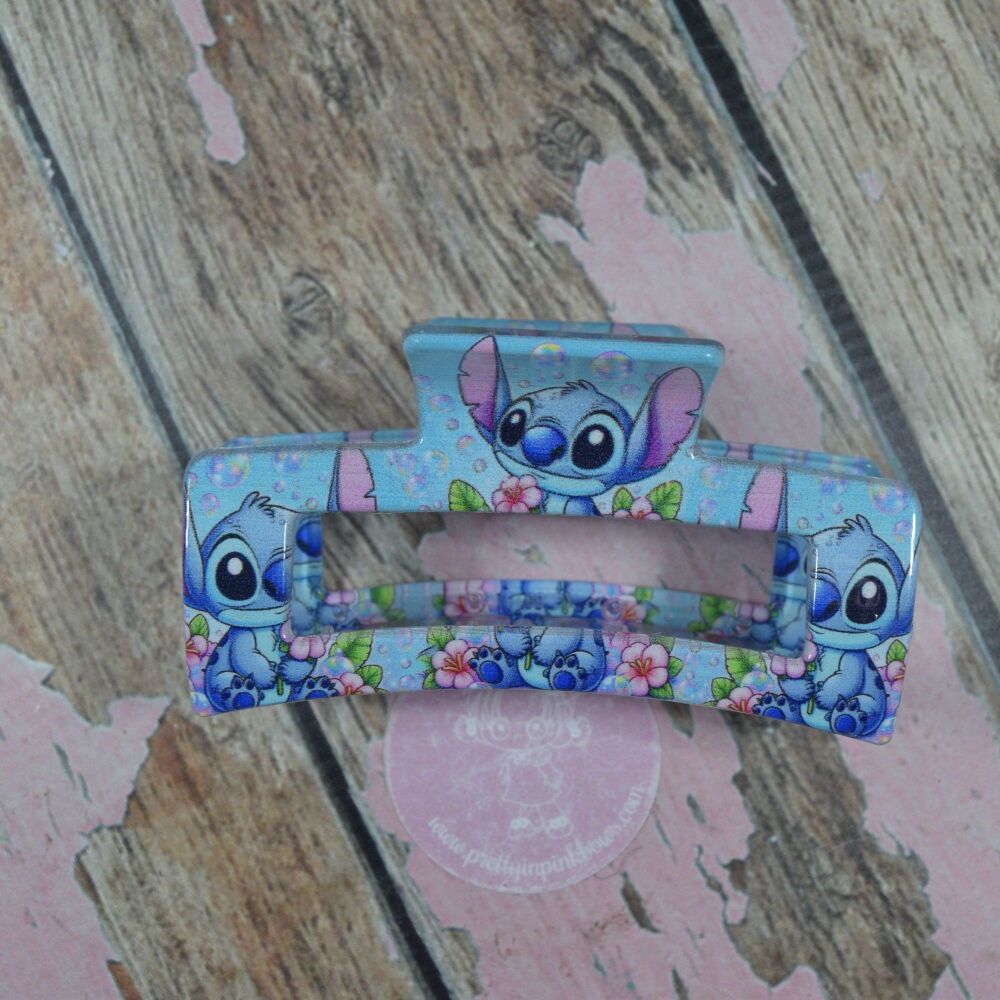 Rosie Claw Clip - Blue Stitch with pink Flowers