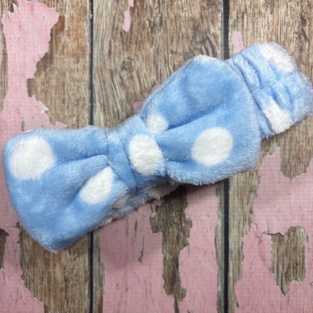 Soft Wash Bow Head Band - Blue with White Spots