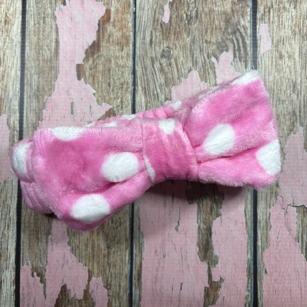 Soft Wash Bow Head Band - Pink with White Spots