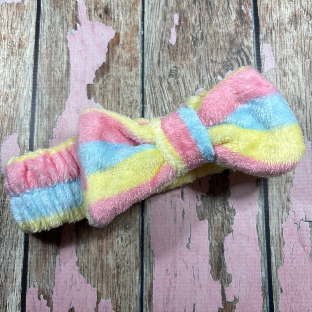 Soft Wash Bow Head Band - Yellow, Blue and Pink Striped