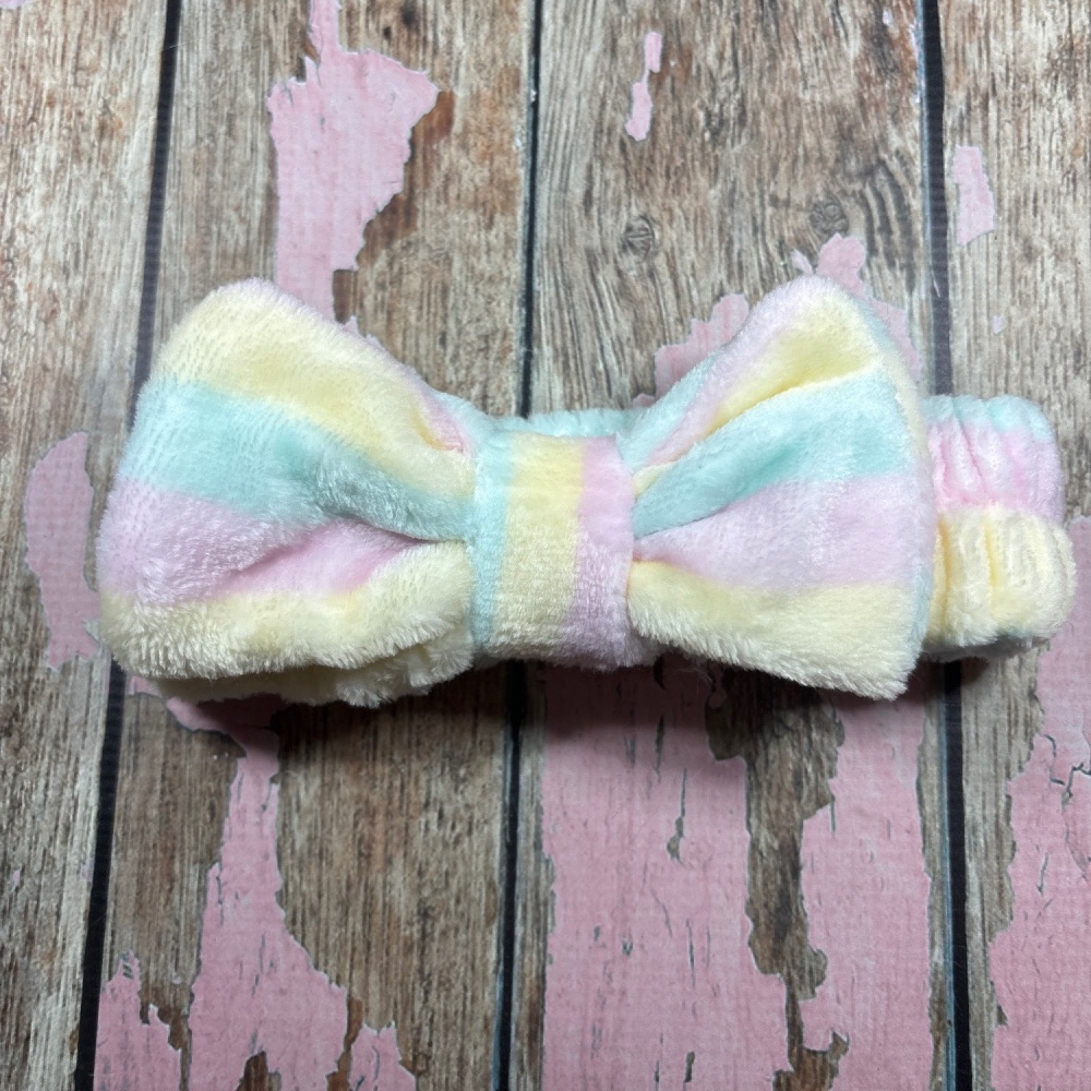Soft Wash Bow Head Band -  Soft Yellow, Blue and Pink Striped