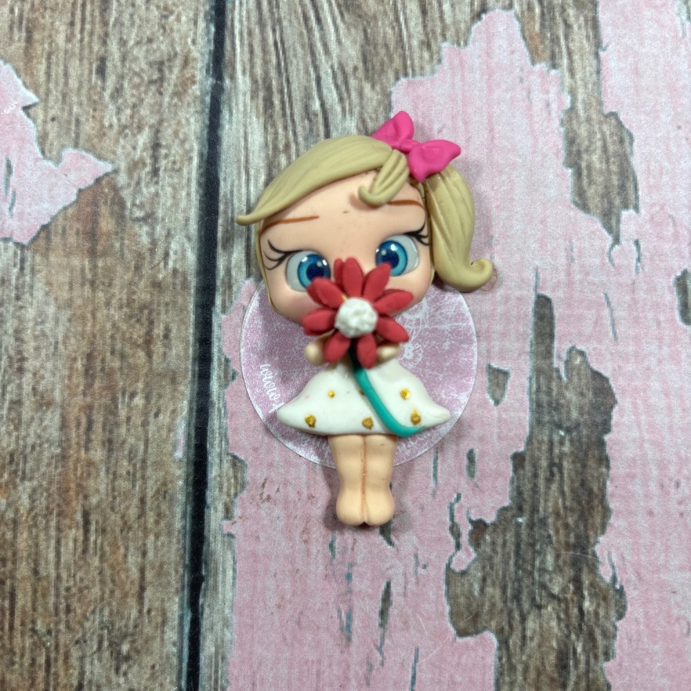Little girl in white dress with gold polkadots red Flower pink Bow blonde hair blue eyes