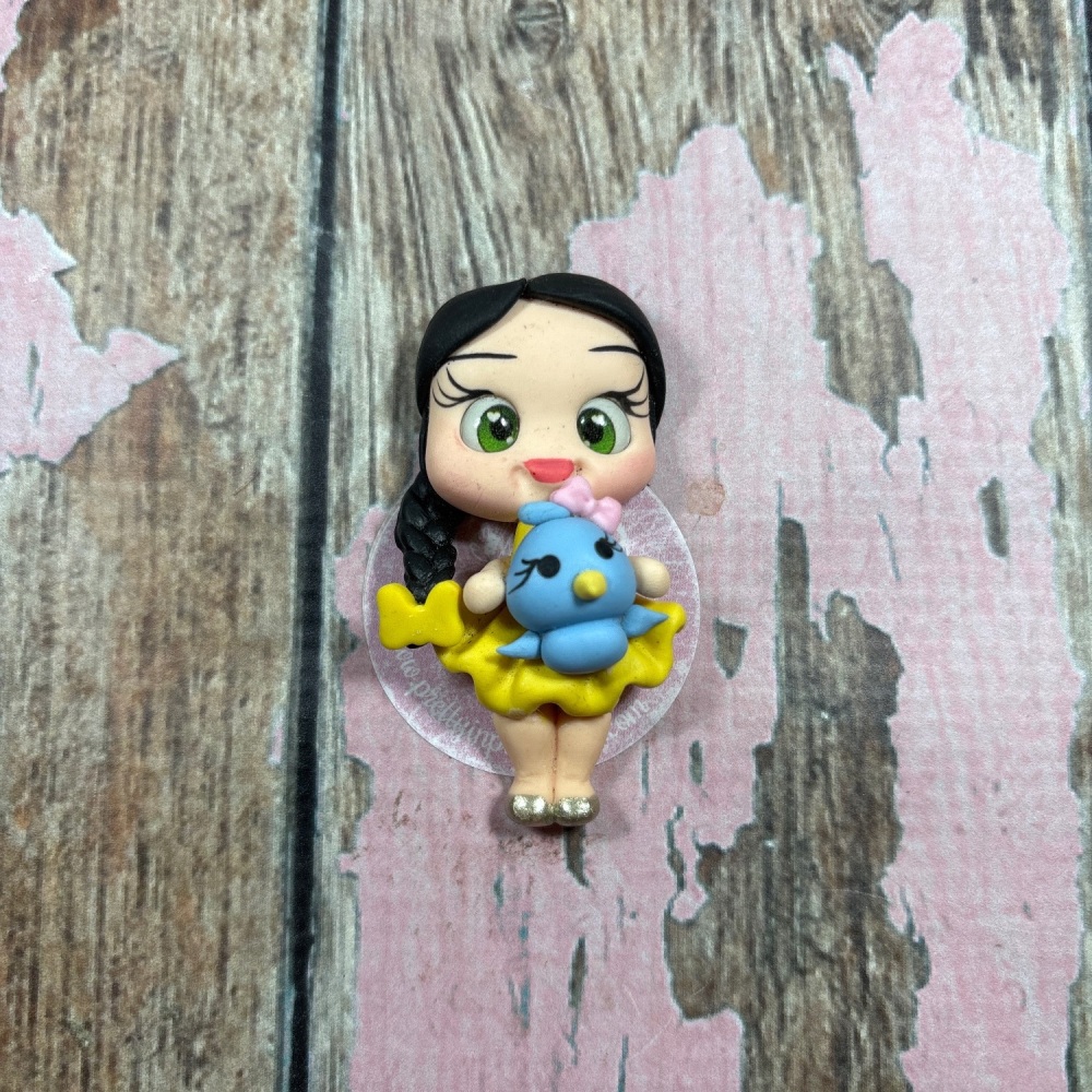 Little girl, yellow dress, blue Bird yellow bow brown hair, green eyes