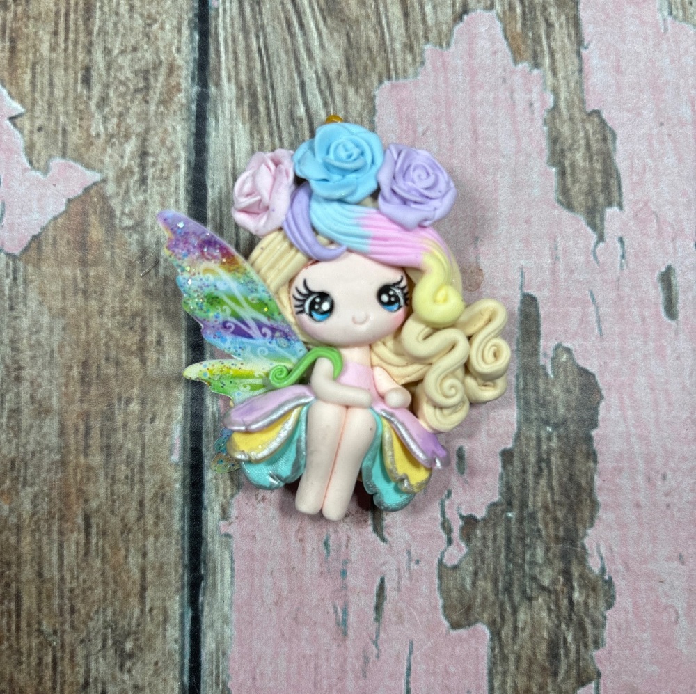 Fairy unicorn pastel rainbow blonde hair, pink lilac and blue flowers