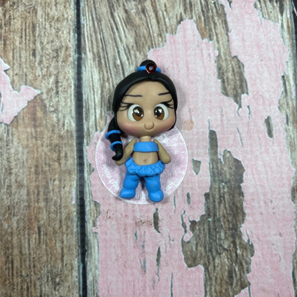 Little girl Jasmine Blue dress black hair blue bows