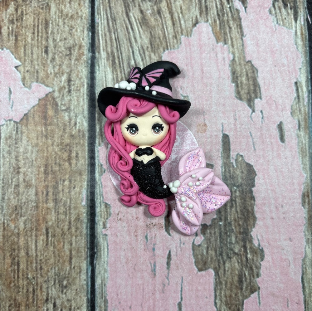 Little Girl Witch Mermaid Pink hair black hat pink tail