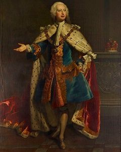 Frederick in a blue and gold coat and a fur-lined red robe of state