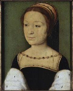 Madeleine of Valois in a black dress with white fur draped over her arms.