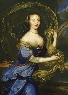 Athenais de Montespan with long curly hair, wearing a blue dress trimmed with golden gauze