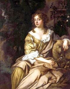 Nell Gwyn in a yellow dress, with a sheep under one arm