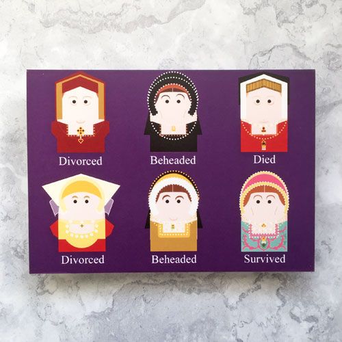 A purple card with images of Henry the Eighth's six wives.