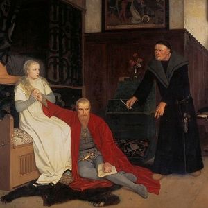 Painting of Karin Mansdotter holding the hand of King Erik as he sits on the floor looking shocked. Image from the Nationalmuseum Stockholm.