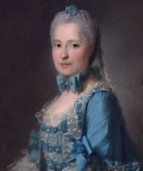 Maria Josepha of Saxony in a blue dress with white lace and blue ribbons across the chest and sleeves.