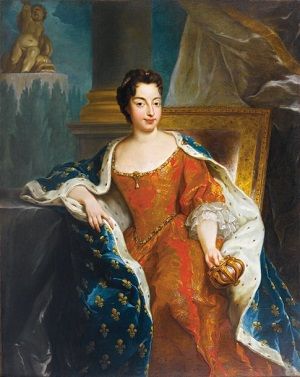 A portrait of Maria Anna Victoria of Bavaria, Dauphine of France, wearing an orange dress with lace elbow-length sleeves and a cloak in dark blue with gold fleur-de-lis.