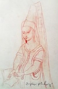 A sketch of Margaret Stewart, with a tall pointed headdress and veil, and a book in her lap.