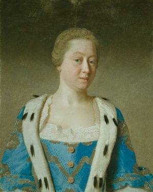 A portrait of Augusta of Saxe-Gotha, Dowager Princess of Wales, with her blonder hair scraped back from her face. She is wearing blue and gold robes trimmed with white fur and lace, but isn't wearing any jewellery.