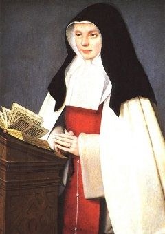 Portrait of Joan of Valois dressed as a nun, with an open book in front of her.