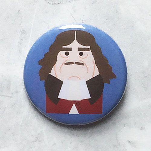 A round blue badge with an originall illustration of King Charles II.