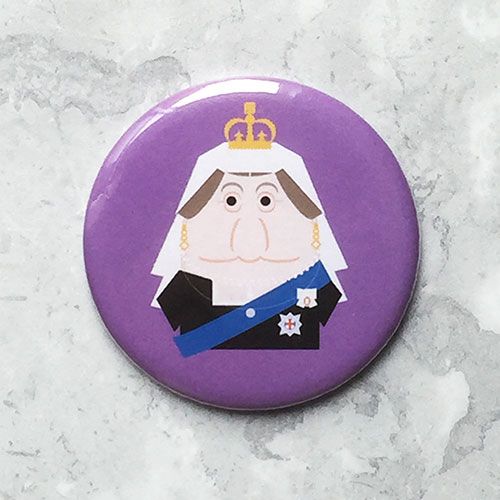 A round lilac badge with an original illustration of Queen Victoria.