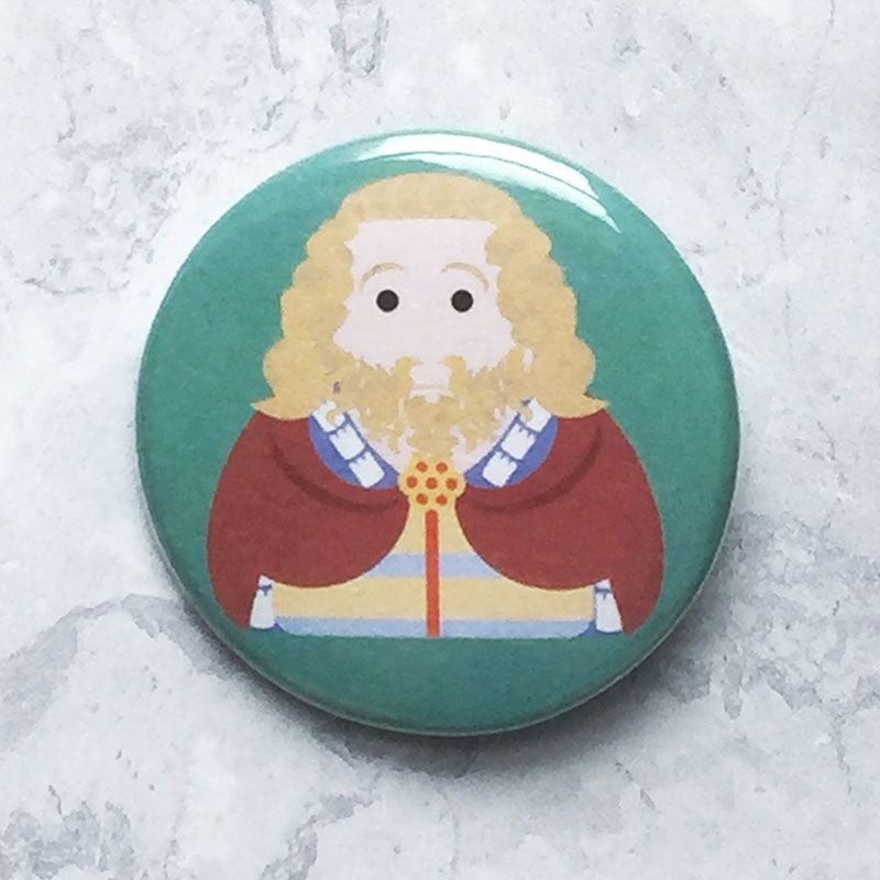 A round teal badge with an image of King Edward II.