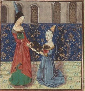 Margaret of Nevers in a red and green gown, being presented with a book by Christine de Pisan.