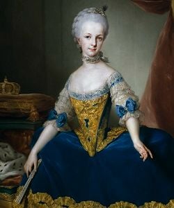 Maria Josepha of Austria in a dark blue dress with white lace sleeves.