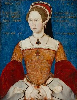 Portrait of Queen Mary I of England, in an orange dress with a blue background.