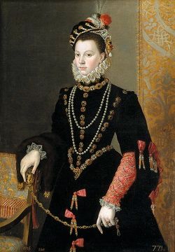 Portrait of Elisabeth of Valois in a black gown, embellished with jewels, wearing a black cap decorated with pearls.