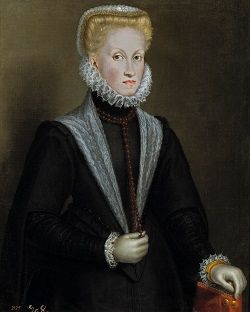 Portrait of Anna of Austria, Queen of Spain, wearing a black gown embellished with white lace.