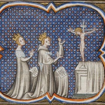 Adela of Champagne and King Louis VII of France, presenting their son Philip to a statue of Jesus.