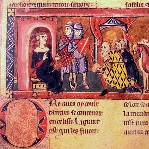 Medieval image of King Baldwin I of Jerusalem receiving homade in Edessa, with two soldiers in the background.