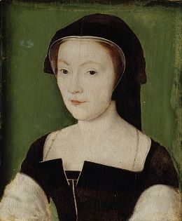 Portrait of Mary of Guise wearing a black hood and black dress.