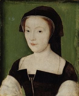 Portrait of Mary of Guise wearing a black hood and black dress.