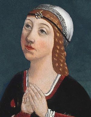 Image of Isabella of Aragon, looking up and to the left, with her hands clasped in prayer.