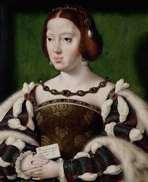 Eleanor of Austria wearing a headdress with pearl drops and an embroidered dress with slashed sleeves.