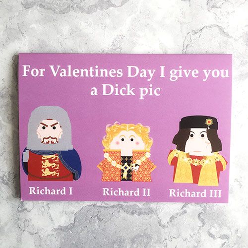 A violet card with original images of England's King Richards and pun on di