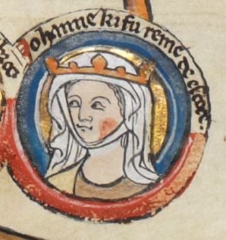 Manuscript illustration of Joan of England, wearing a crown and a white veil.