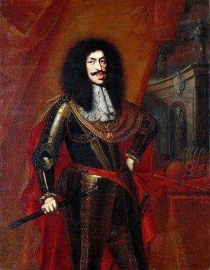 Holy Roman Emperor Leopold I dressed in black, posing in front of a red curtain.
