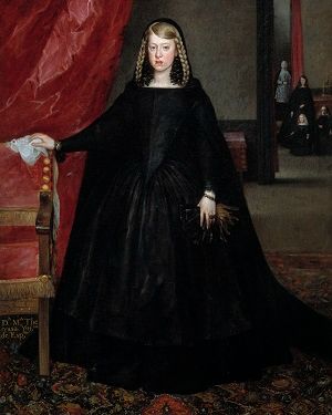 Margaret Theresa of Spain dressed in black with her hair in two braids, a small group is visible through a doorway on the right.