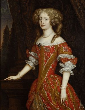 Eleanore Magdalene of Neuberg, wearing a red and yellow dress, with her hair pinned up in curls on either side of her face.