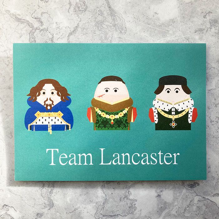 A teal coloured greetings card with pictures of Kings Henry IV, V, and VI.