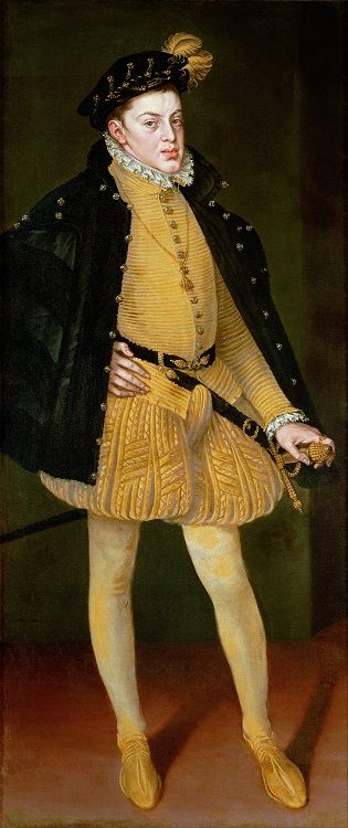 Don Carlos, Prince of Asturia, dressed in a yellow outfit and black cloak, with a black hat and yellow feather on his head.