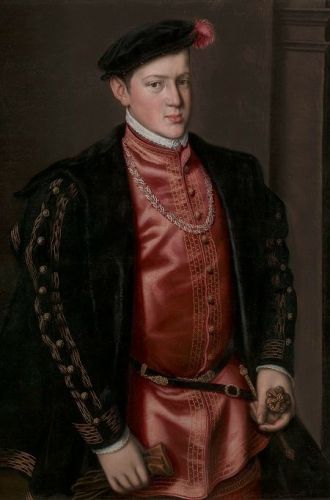 Joao Manuel of Portugal wearing a pink outfit with a black jacket, and a black hat with a pink feather.