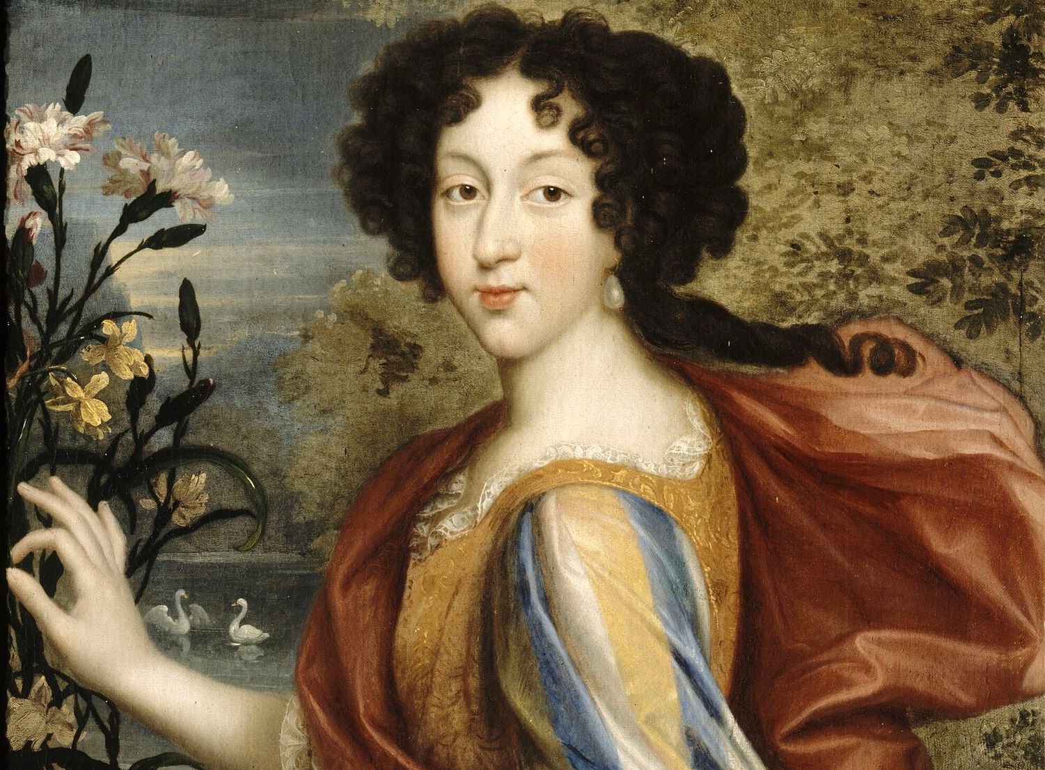 Marie Louise of Orleans, wearing a blue and gold dress.