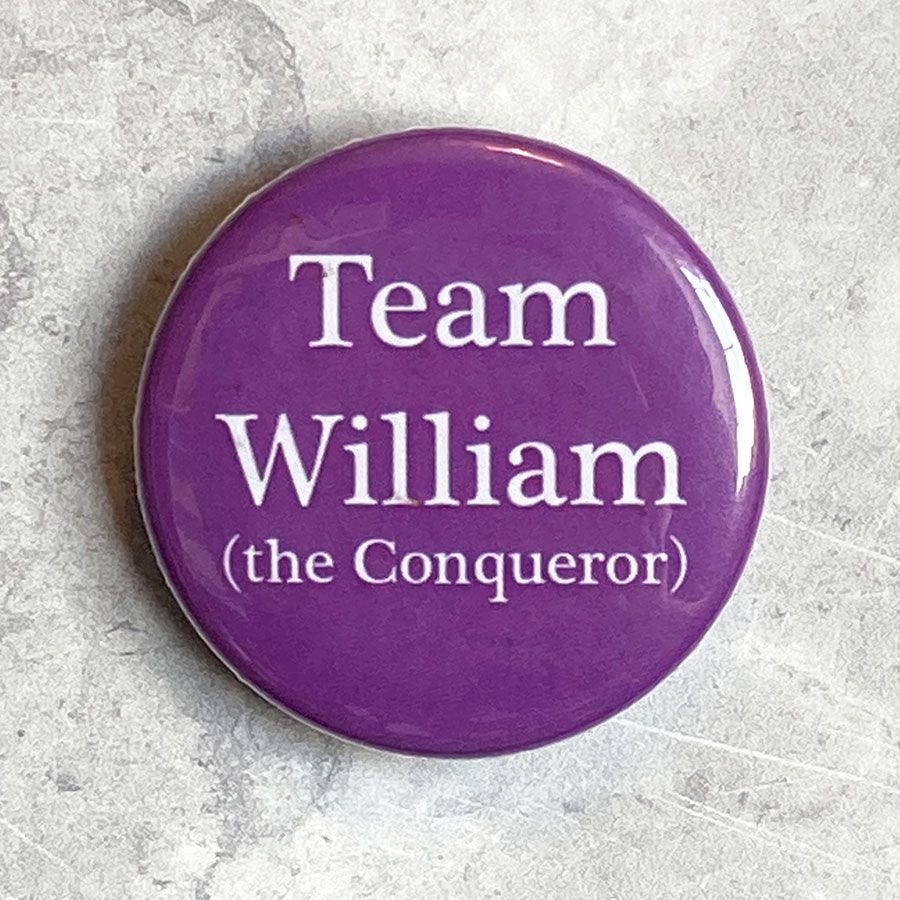 A round purple badge with 