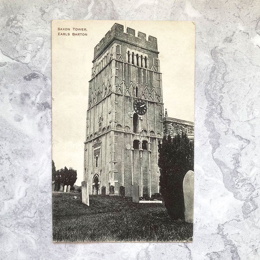 Vintage postcard with a photo of the Saxon Tower at Earls Barton.