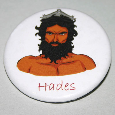 A white badge with an original image of Hades and his name in orange.